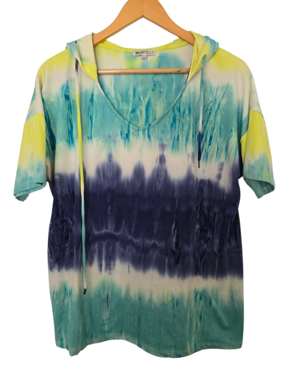 Tie Dye Hooded Tee Beachy Coastal Loungewear Short Sleeve Hoodie Top Large